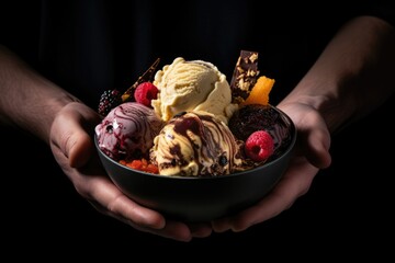 Ice Cream Delight: A Deliciously Tempting Chocolate Bowl Filled with Irresistible Scoops of Ice Cream, Culinary Indulgence, people holding a bowl