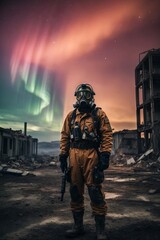 A man wearing a gas mask and a military uniform against the background of destroyed buildings in the city of Northern lights at night. Post-apocalypse world.