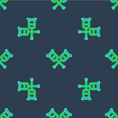 Line Crutch or crutches icon isolated seamless pattern on blue background. Equipment for rehabilitation of people with diseases of musculoskeletal system. Vector