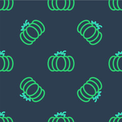 Line Pumpkin icon isolated seamless pattern on blue background. Happy Halloween party. Vector