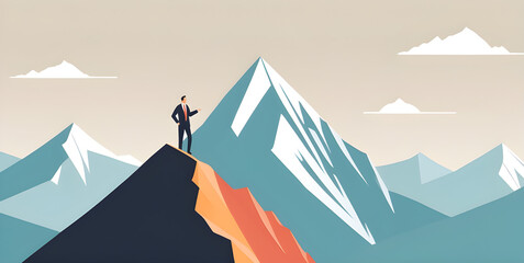 Smart businessman professional for success invest business standing on top of mountain
