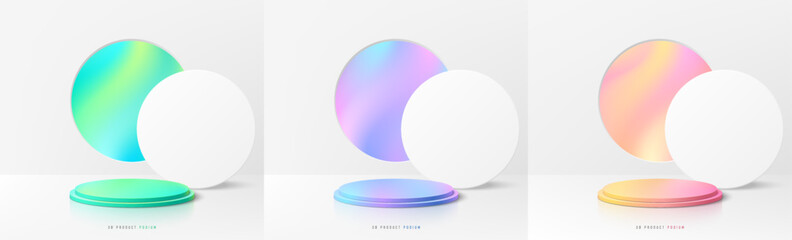 Set of 3D cylinder podium background with green, blue. pink and gradient colorful in circles window scene. Platforms mockup product display presentation. Abstract pedestal composition minimal design.