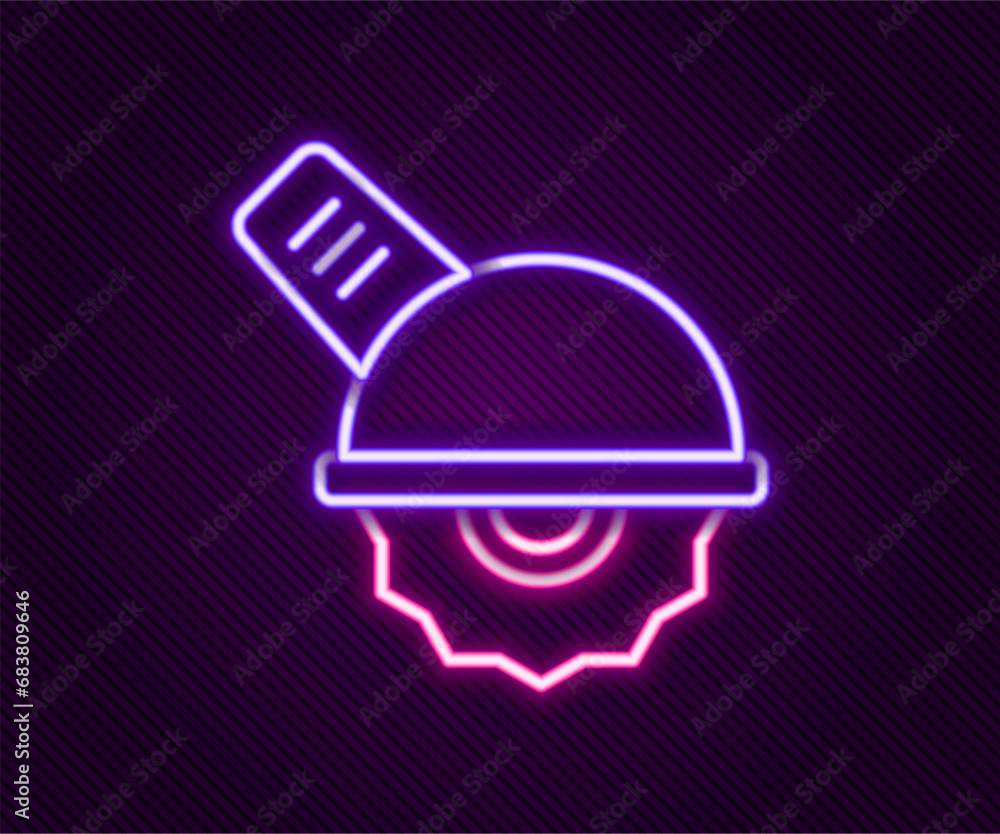 Poster glowing neon line electric circular saw with steel toothed disc icon isolated on black background. e