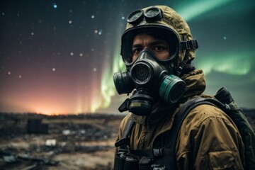 post-apocalypse A man wearing a gas mask and a military uniform against the background of destruction and the northern lights.