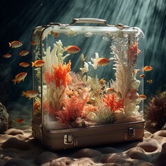 ocean in a transparent suitcase, fish, coral, rich colors, surreal artistic photography, Concept: Travel and environmental impact, 16:9