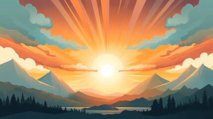 sunrise with sun beams, flat design, copy space, 16:9