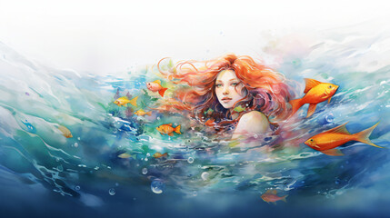 赤いウェーブの髪の人魚が、海の中で振り返っている水彩イラスト - obrazy, fototapety, plakaty