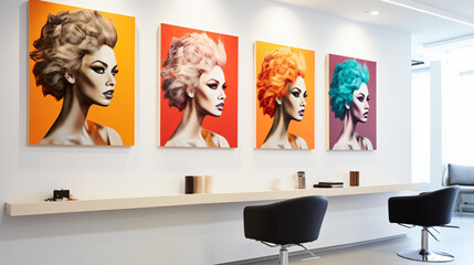 カラフルな髪の色をした女性のポスターが4つ壁に飾ってある美容室