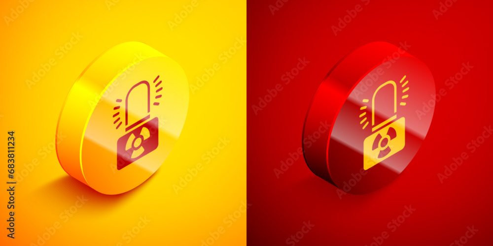 Poster isometric radioactive warning lamp icon isolated on orange and red background. circle button. vector
