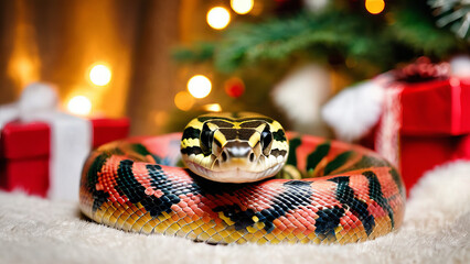 a portrait of a cute Christmas Snake, soft light, Christmas background with giant presents and Christmas tree, cute animal, Xmas, funny, joy. Generative AI
