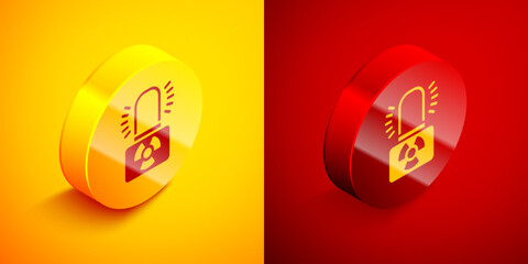 Isometric Radioactive warning lamp icon isolated on orange and red background. Circle button. Vector
