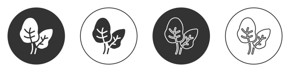 Black Tropical leaves of palm tree icon isolated on white background. Circle button. Vector