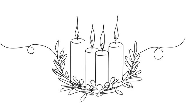 animated continuous single line drawing of advent wreath with four candles burning, christmas concept line art animation