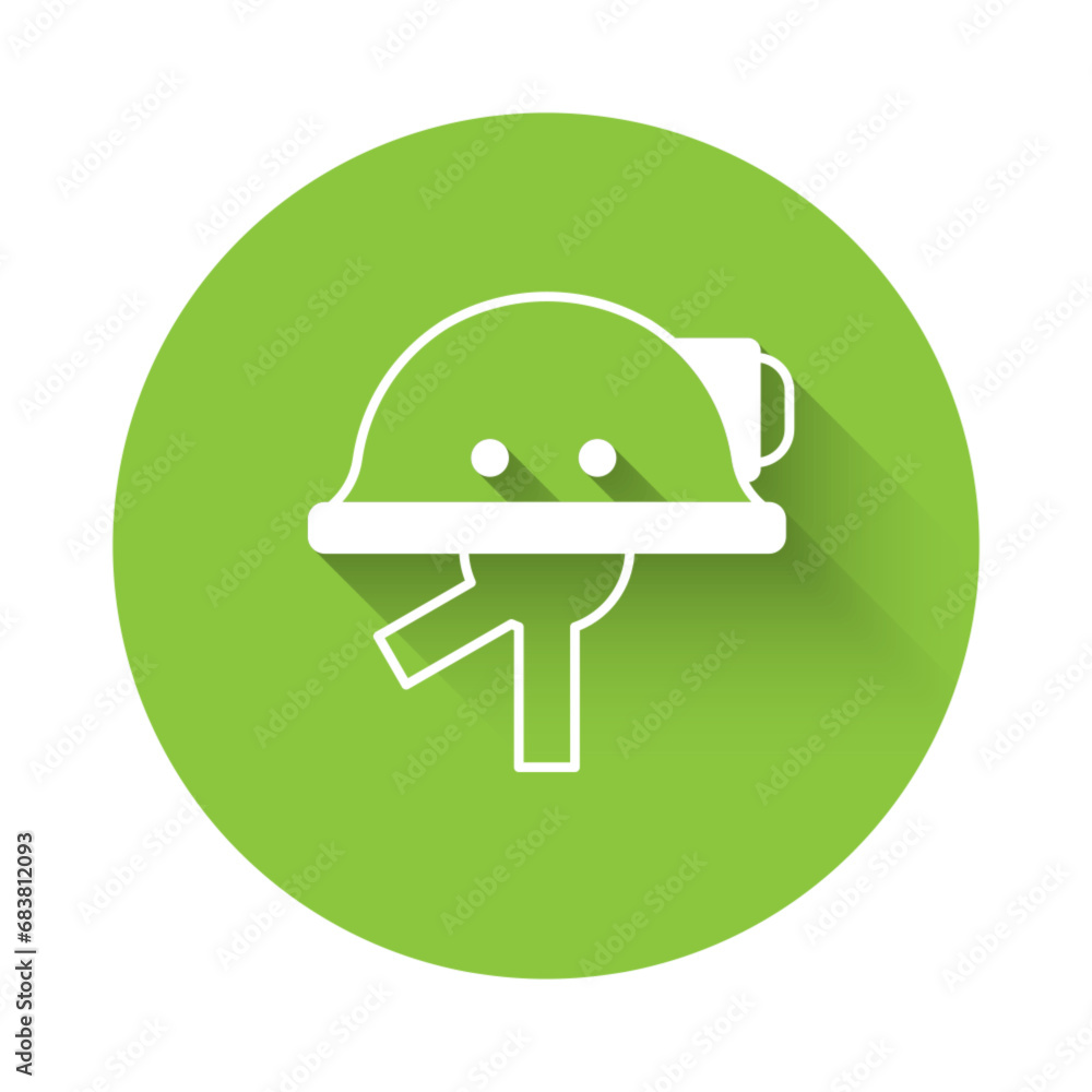 Poster white miner helmet icon isolated with long shadow background. green circle button. vector