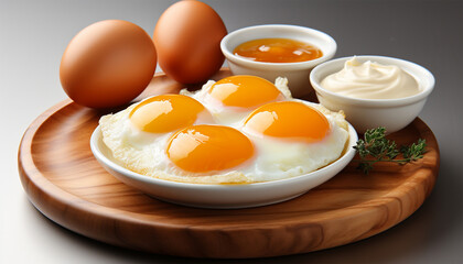 Fresh dairy products, milk, cottage cheese, eggs, yogurt, sour cream and butter on wooden table