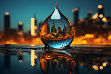 a raindrop reflecting the metropolis.