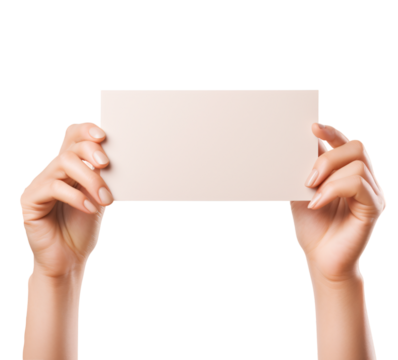 hand holding a blank paper note or business card mockup isolated on a transparent background, holding an empty note mockup with two hands to show a sign or message