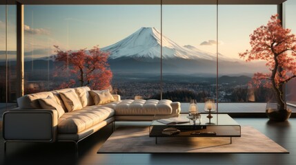 Generative AI. A modern interior of Japanese apartment with a Mount Fuji view on the window.