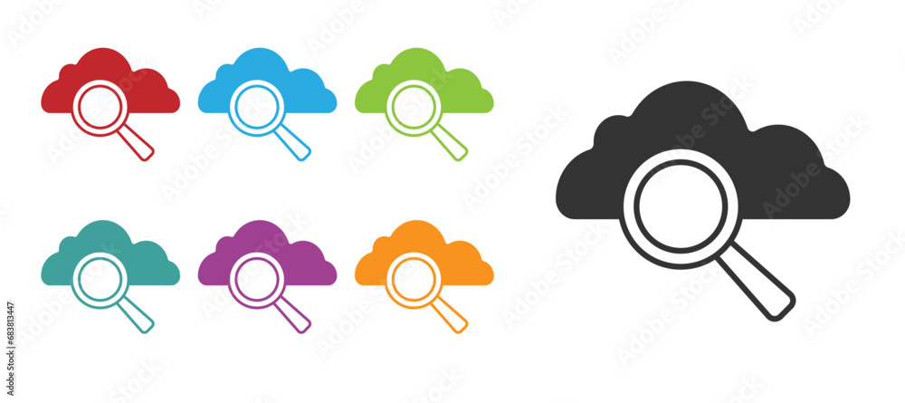 Poster black search cloud computing icon isolated on white background. magnifying glass and cloud. set icon