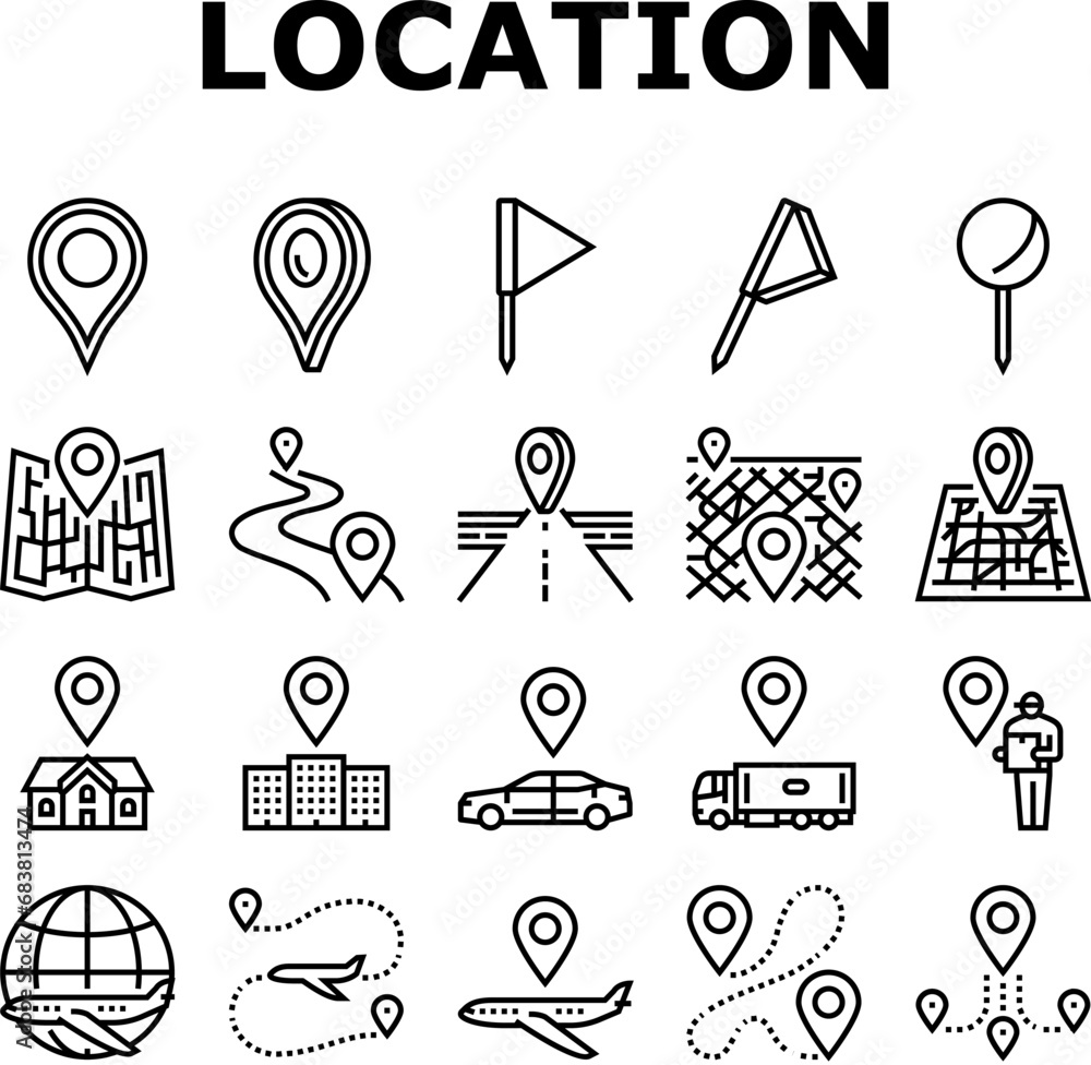 Poster location pin map point icons set vector. place pointer, marker position, mark road, travel label, na