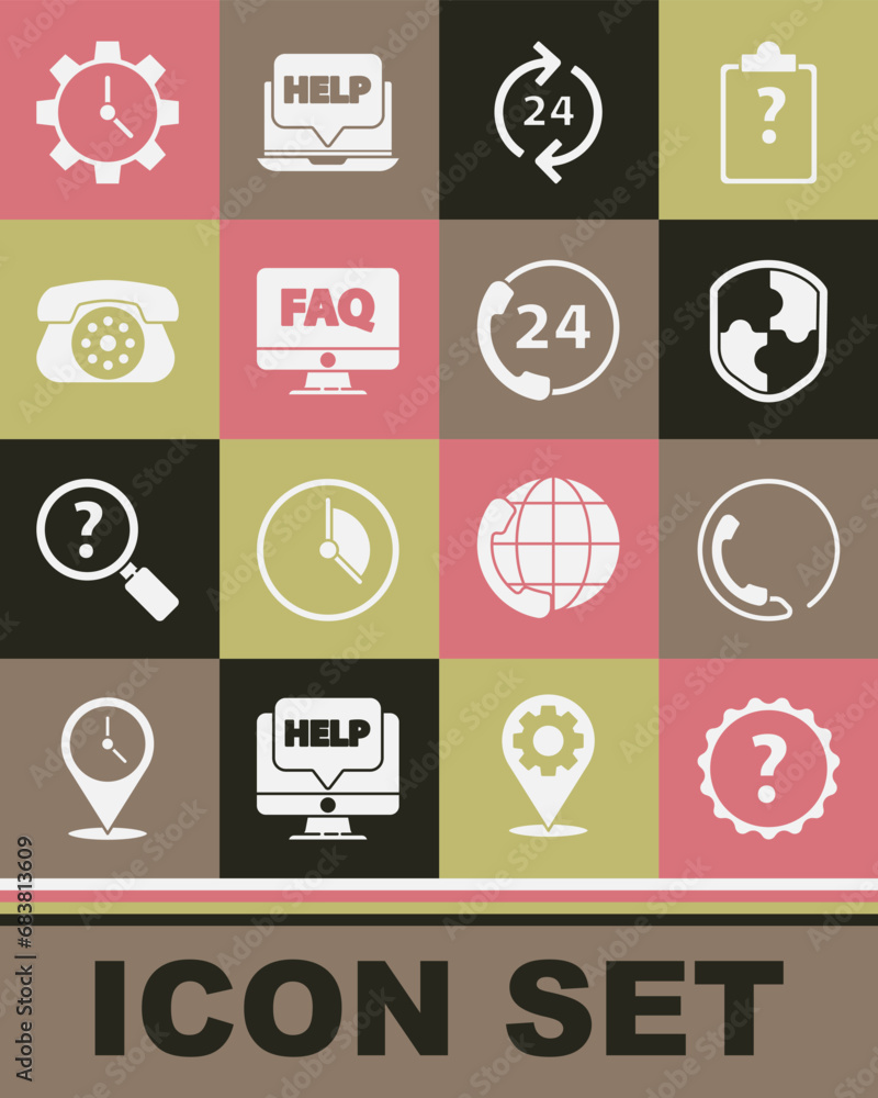 Poster set question mark, telephone 24 hours support, shield, computer monitor and faq, time management and