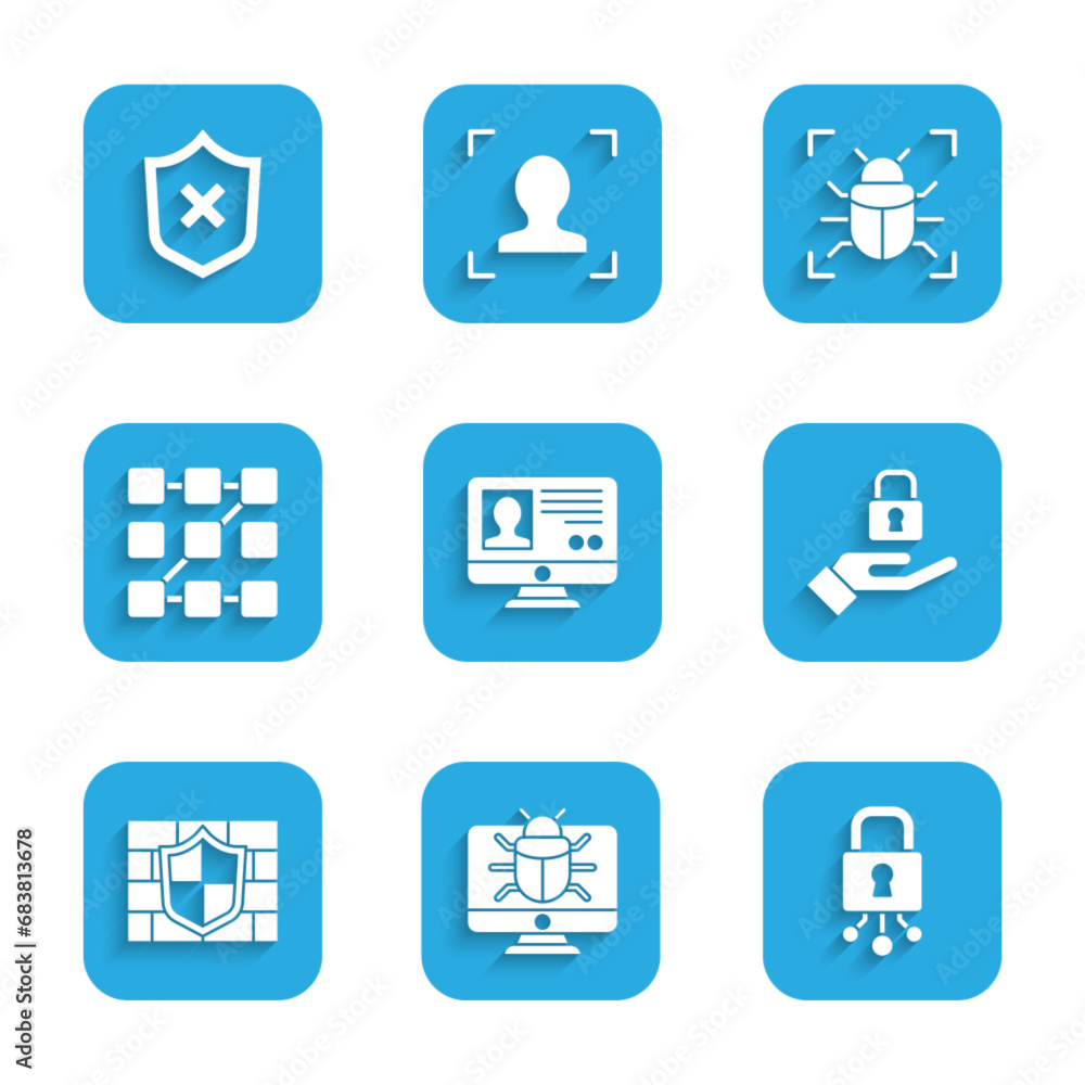 Poster set create account screen, system bug on monitor, cyber security, lock in hand, shield with brick wa