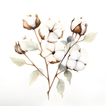 Watercolor branch of a cotton flower on white background