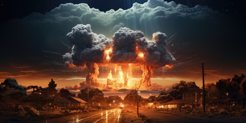 Nuclear war apocalypse concept in a destroyed city. Explosion of a nuclear bomb. Generative AI