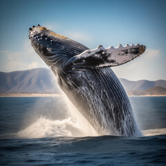 Fototapeta premium Whale in Flight: A Photorealistic Shot , a Whale Leaping Out of the Ocean, Viewed from a Ship on a Sunny Day - A Spectacular Display of Marine Elegance and Natural Beauty
