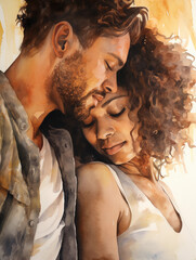 Couple's watercolor portrait, intimate embrace, vibrant yet soft blending of two figures, luminous skin tones, emotion captured in the eyes