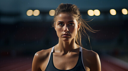 portrait of an athlete post-race, sweat and determination, focused gaze, stadium lights in twilight