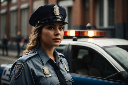 A female police officer wearing a uniform stands near a car on the streets and patrols the streets of the city.