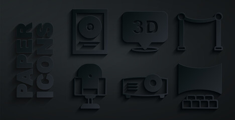 Set Movie, film, media projector, Rope barrier, Director movie chair, Cinema auditorium with screen, 3D word and CD disk award frame icon. Vector