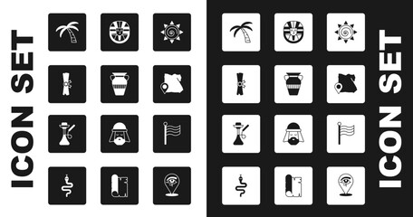 Set Sun, Egyptian vase, Papyrus scroll, Tropical palm tree, Map of, pharaoh, Flag Of and Hookah icon. Vector