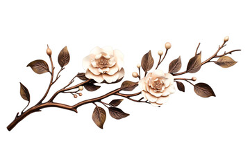 artificial flower blossom branch or twig isolated on a transparent background for decorative mockups or template background, tree branch with flowers, leaves, and buds PNG, - obrazy, fototapety, plakaty
