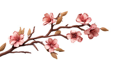 artificial flower blossom branch or twig isolated on a transparent background for decorative mockups or template background, tree branch with flowers, leaves, and buds PNG,