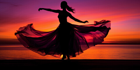 Silhouette portrait of a dancer in mid-twirl, sunset beach backdrop, vivid orange and purple sky