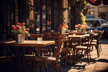 Fototapeta na wymiar outdoor restaurant on sidewalk with wooden tables and chairs