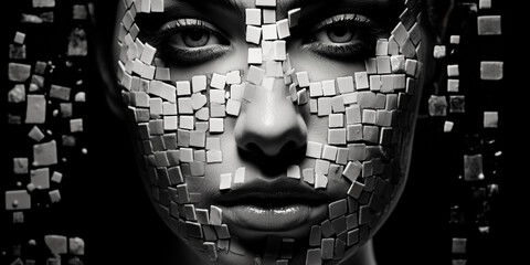 Surreal mosaic portrait of an artist, monochrome tiles with splashes of paint, reflective and creative expression