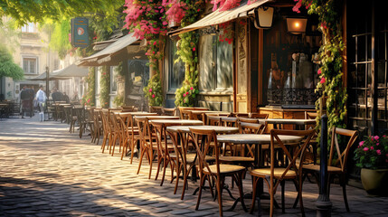 Fototapeta na wymiar outdoor restaurant on sidewalk with wooden tables and chairs