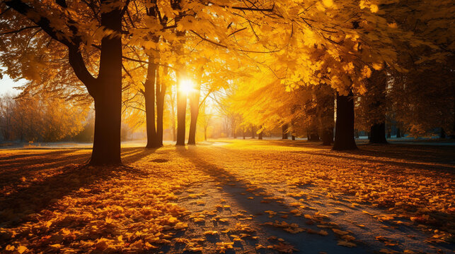 Golden autumn scene in a park with falling leaves, the sun shining through the trees and a blue sky. Beautiful autumn landscape with yellow trees and sun. Colorful foliage in the park