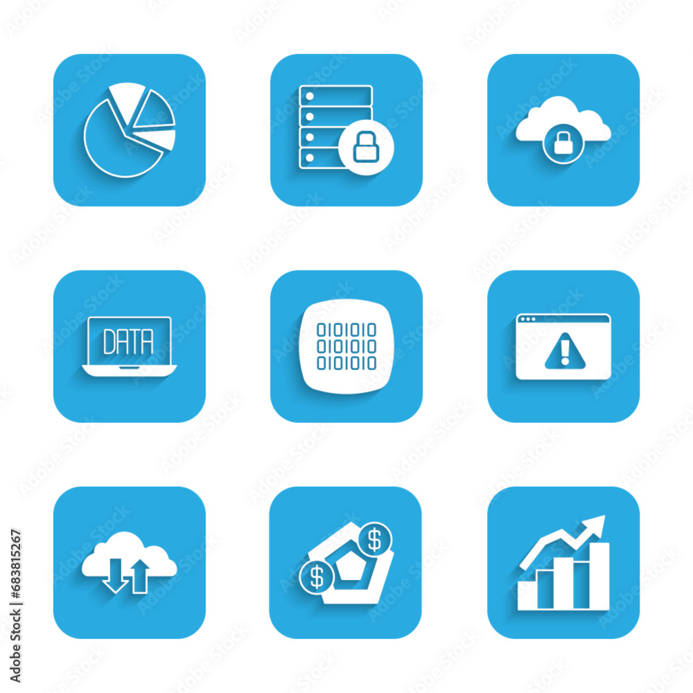 Poster set binary code, financial growth, browser with exclamation mark, cloud download and upload, data an