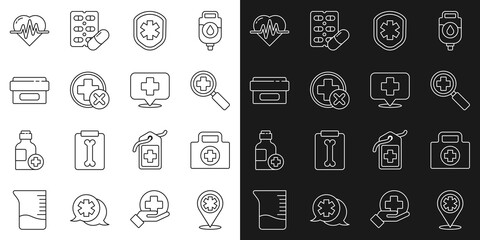 Set line Map pointer with cross hospital, First aid kit, Magnifying glass for search medical, Medical shield, Cross, Ointment cream tube medicine, Heart rate and icon. Vector