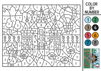 Vector France themed color by number activity with castle in the park. French landscape scene. Black and white counting game with ancient building. Coloring page for kids with garden. - obrazy, fototapety, plakaty