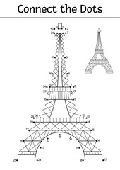 Vector dot-to-dot and color activity with Eiffel Tower. France themed connect the dots game for children with main Paris landmark. French coloring page for kids. Printable worksheet.