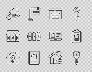 Set line House with dollar symbol, key, Garage, Online real estate house, Realtor, Garden fence wooden, Location and contract icon. Vector