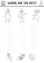 Fototapeta na wymiar Vector French themed handwriting practice worksheet. French printable black and white activity for kids. Tracing game for writing skills. Coloring page with people and their pets, dogs, cat.