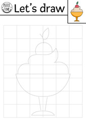Trace the dessert picture. Vector France themed drawing practice worksheet. Printable black and white activity for kids. French coloring page with sweet mousse with cherry on top.