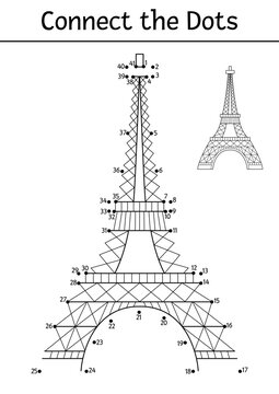 Vector dot-to-dot and color activity with Eiffel Tower. France themed connect the dots game for children with main Paris landmark. French coloring page for kids. Printable worksheet.