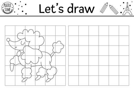 Draw the poodle. Vector France themed drawing practice worksheet with cute animal. Printable black and white activity for kids. French copy or complete the picture coloring page with pet dog .